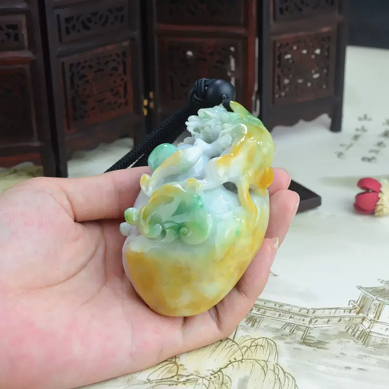 925银满色翡翠大圣归来挂件天然A货缅甸玉孙悟空银镶玉无事牌0531