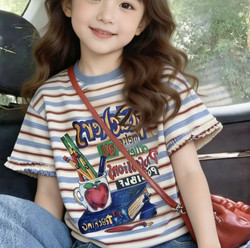 100% Pure Cotton Kidsren's Stripesd Short-Sleeved Printed Loose Casual Summer New Style Girls' T-Shirt Round Neck Bottoming Shirt