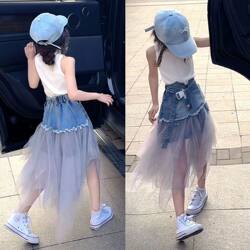 Girls' Dress Set Summer Outfit 2026 New Trendy Children's Sleeveless Vest Mesh Denim Skirt Half Skirt