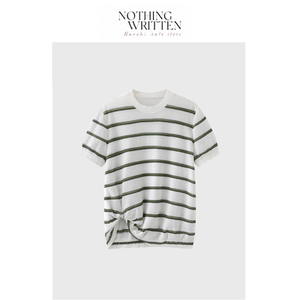 
[Ready Stock] Nothing Written Narchi Striped Knitted Short Sleeve Slimming Round Neck T-Shirt Women's Top