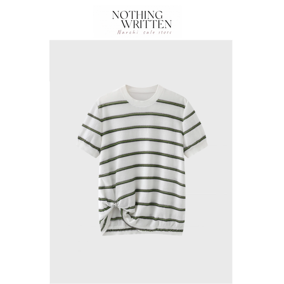 
[Ready Stock] Nothing Written Narchi Striped Knitted Short Sleeve Slimming Round Neck T-Shirt Women's Top