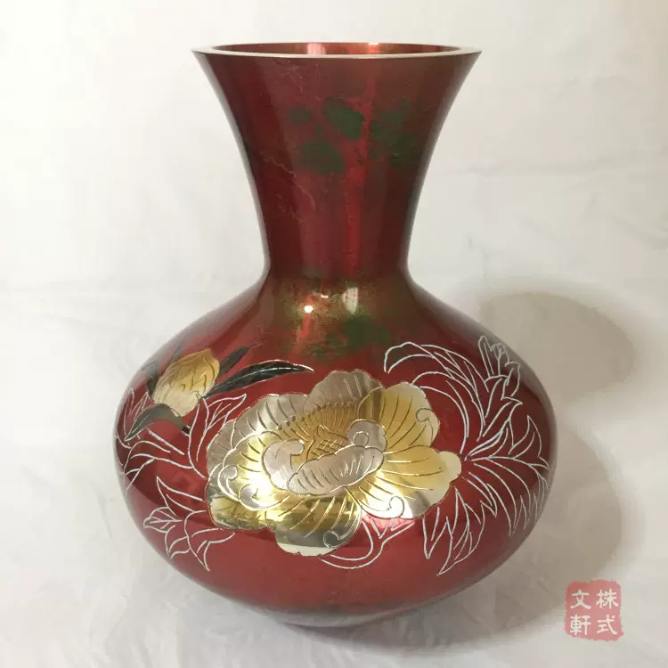 日本代购高冈铜器花瓶花器富士形牡丹朱色摆件客厅卧室插花花道-Taobao