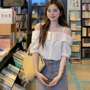 
One-shoulder off-shoulder suspender shirt for women summer Korean fashion loose short-sleeved top white