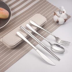 Portable Student Cutlery Box Spoon and Chopsticks Set Stainless Steel Knife, Fork and Spoon Three-Piece Set Travel Camping Cutlery Spoon Gift