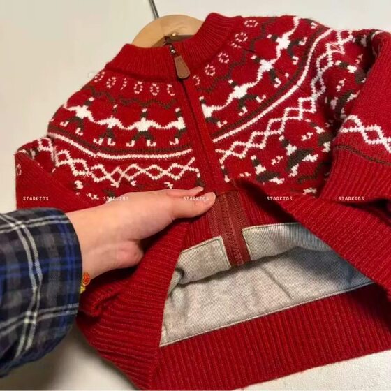 
Boys and girls 2026 new coat retro Fair Isle sweater Year of the Horse New Year greetings red cardigan sweater top