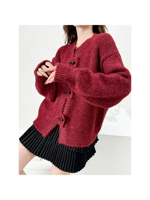 New spring and autumn loose lazy style sweater for women round neck long sleeve horn buckle knitted jacket niche design cardigan