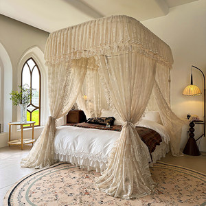 
2025 new French lace U-shaped guide rail mosquito net household bedroom three-door princess wind bed curtain floor-to-ceiling bracket