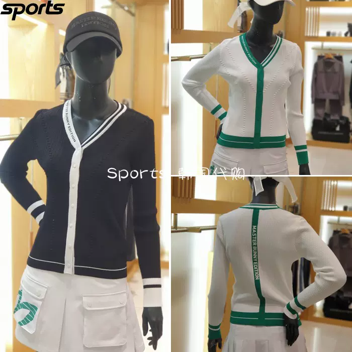 韩国代购MASTER BUNNY高尔夫球服23春女子golf拼色线条针织开衫-Taobao