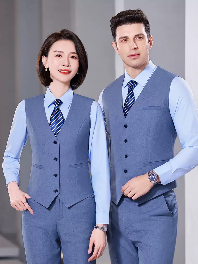 高级感浅蓝色职业西装套装男女同款商务正装公务员工装马甲三件套