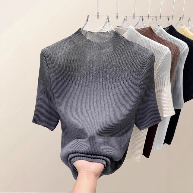 2025 summer slim thin hollow top for women Korean style outfit new half-high neck mesh lace short sleeve knitted
