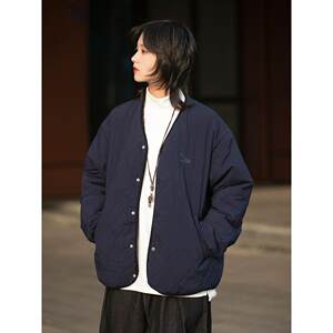 
Japanese rhombus quilted warm cotton coat for men without collar, light and loose jacket for women, quilted couple's cotton coat in winter