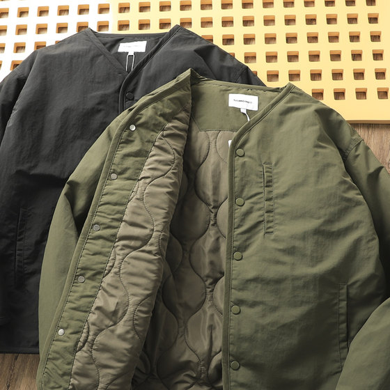 Japanese retro loose quilted cotton inner liner cotton jacket for men and women collarless diamond plaid cotton jacket for couples
