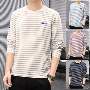 
Simple striped trendy T-shirt round neck autumn clothes long-sleeved T-shirt men's top versatile cotton base shirt