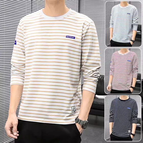 
Simple striped trendy T-shirt round neck autumn clothes long-sleeved T-shirt men's top versatile cotton base shirt