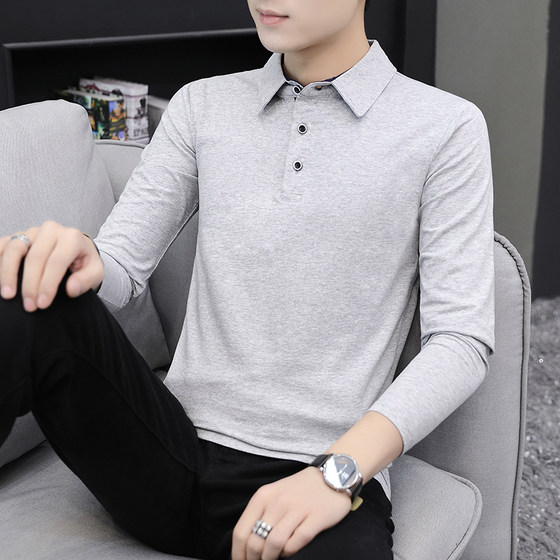 All -cotton lapel autumn shirt men's long -sleeved T -shirts have led Zichun and autumn clothes handsome to wear soil