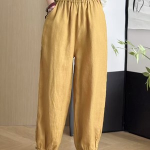 
Design sense of national style foot buckle disc buckle loose versatile casual pants literary 100% pure linen harem pants L24