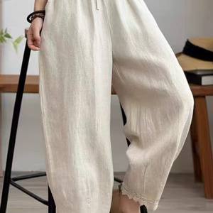 Pure linen age-reducing lace splicing harem pants for women new fashion loose high-waisted casual pants H33