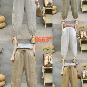 
Summer linen embroidered harem pants for women new large size loose versatile high waist casual carrot pants B33