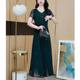 Temperament v-neck short-sleeved dress for women 2025 new Chinese style new summer mid-length printed mother's dress A-line skirt