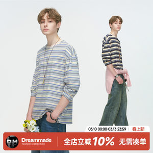 
Dream made American contrasting striped round neck long-sleeved T-shirt men's spring and autumn new heavy bottoming shirt top