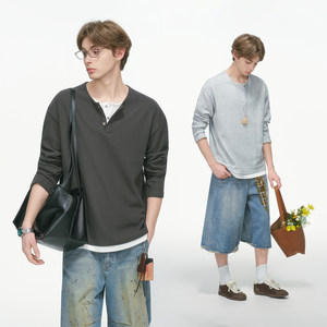 
Dream made old money style fake two-piece Henry collar long-sleeved T-shirt men's spring and autumn inner layering shirt top