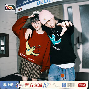 
lemanism American trendy cartoon pattern round neck sweater for men 2025 new spring and autumn couple style sweater