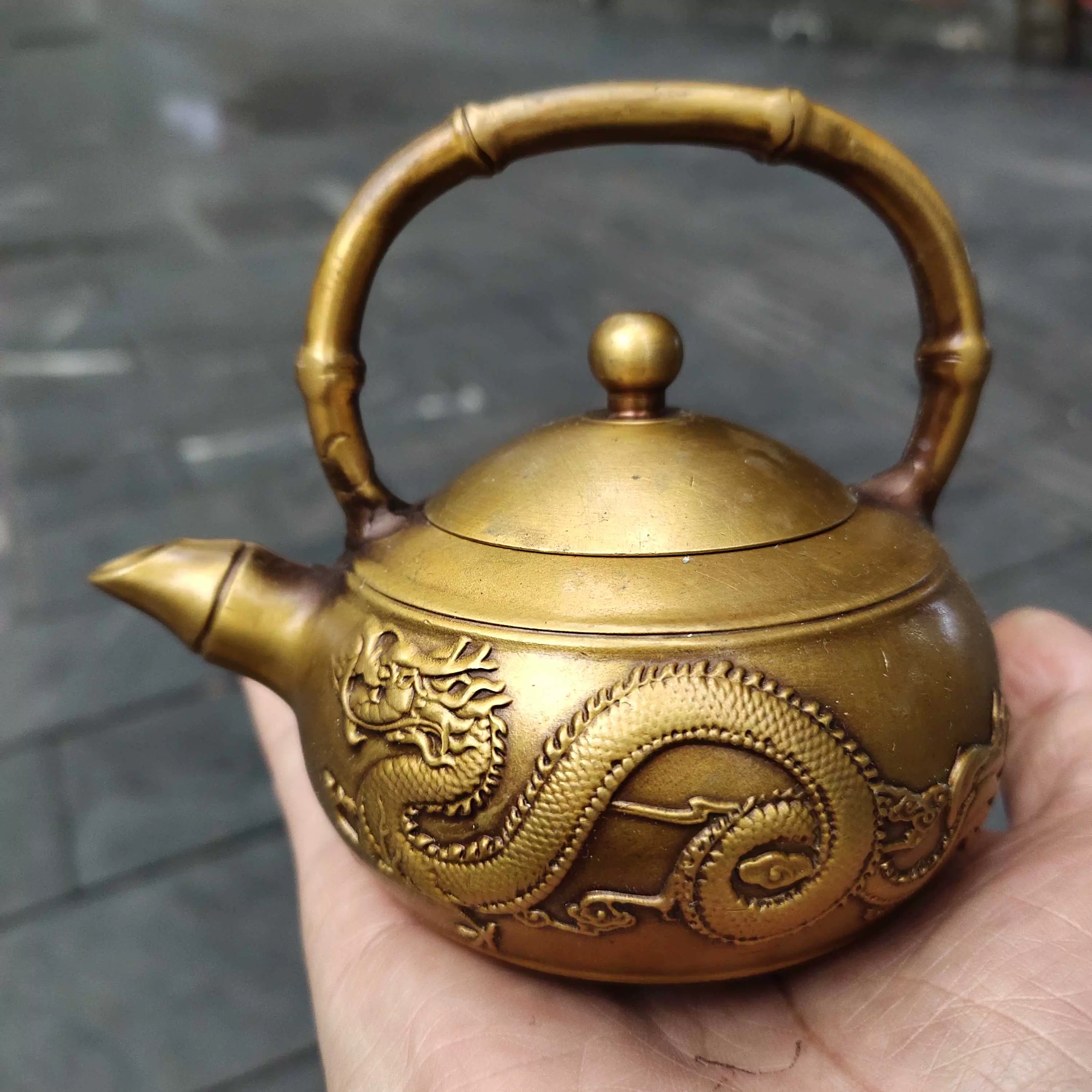 ◇古風堂◇中国・時代物 手作り 茶壺 ケトル 銅製 彫刻 置物 極細工