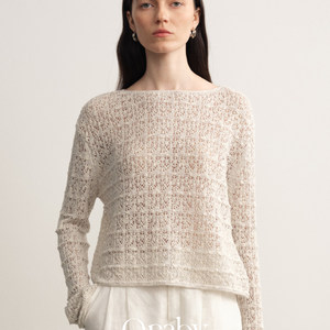 
Oraby white cotton one-line collar hollow breathable T-shirt women's loose and slim knitted long-sleeved pullover top