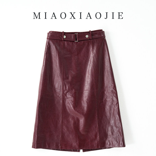Oil wax leather high-end sheepskin genuine leather skirt long skirt women's slim high waist hip slit one-step skirt retro skirt