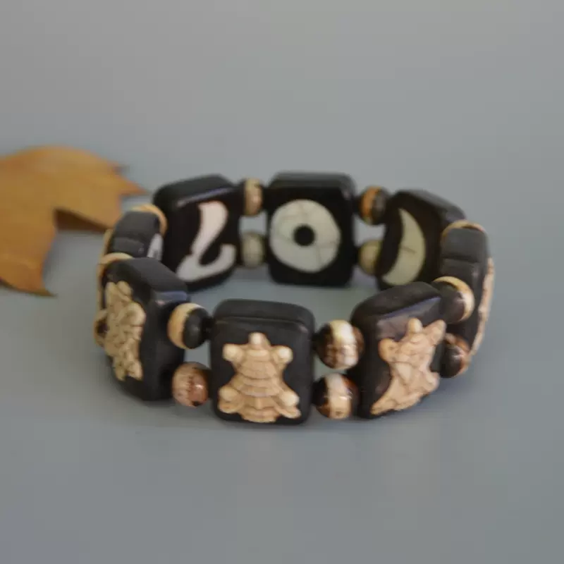 西藏老矿天珠手串虎牙宝瓶财神靠山珠多宝天珠男女款手链九眼页岩天珠