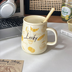 Cream-Style Mug with Lid and Spoon, High-Looking Couple Water Cup, Coffee Cup, Ceramic Cup, Souvenir Gift