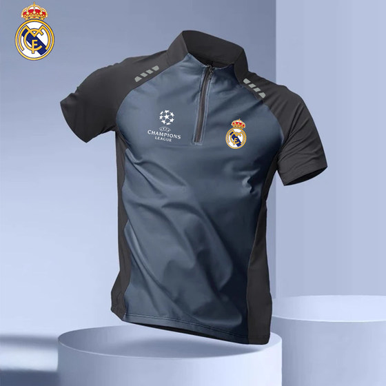
2025 Real Madrid, Manchester United Barcelona national team sports zipper short-sleeved men's standing collar breathable quick-drying sweat-absorbing T-shirt