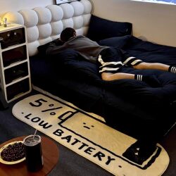 Black and White Lettering, Low Battery, American-Style Bedroom Bedside Rug, Living Room Bay Window Mat, Coffee Table Plush Rug, High-End Feel