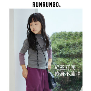 
RUNRUNGO long-sleeved T-shirt children's patchwork sleeve bottoming shirt for boys and girls warm spring and autumn home clothes