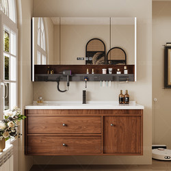 New Mid-Century Style Walnut Bathroom Cabinet with Integrated Ceramic Basin, Bathroom Sink, Hand-Washing Basin Cabinet Set