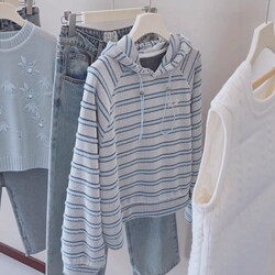 Pure Cotton Striped Long-Sleeve Hooded Sweatshirt for Women, Spring Inner Wear, Plus Size, Slightly Chubby Women, Slimming, Loose, Versatile, Casual Top