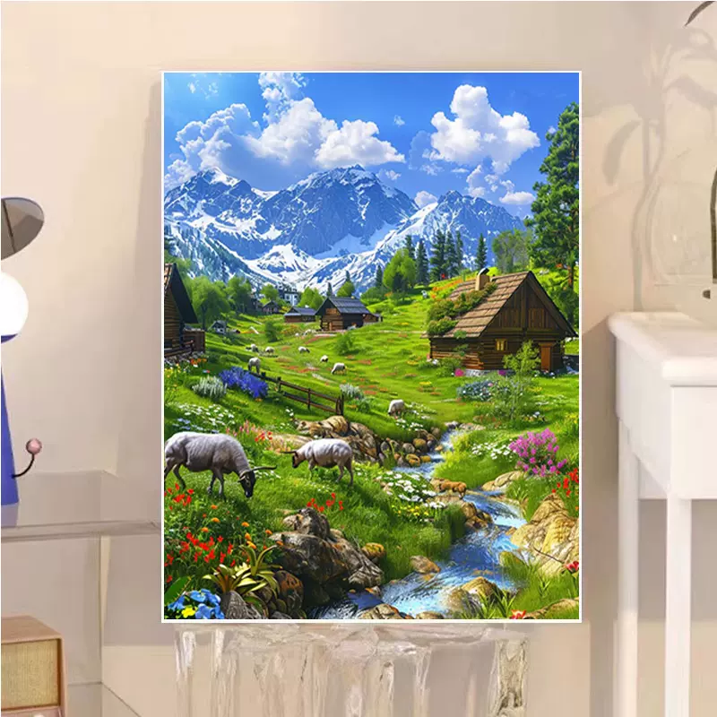阿尔卑斯山的牧场数字油画diy手绘填色涂鸦解压手工丙烯油彩画