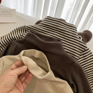 Ao velvet boy semi -high -necked bottom shirt to play bottom shirts in autumn and winter children's long -sleeved stripes T -shirt girl baby grinding cotton cotton
