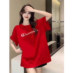 Champion Captain Red Short-Sleeve T-Shirt for Women 2025 Summer Plus Size Thin Loose Half-Sleeve Pure Cotton Round Neck Mid-Length Style