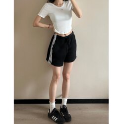 Pure Cotton Three-Stripe American-Style Sports Shorts for Women, Summer Casual Mid-Length Pants, Versatile Loose Bf Wide-Leg Five-Point Pants