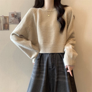 
Round neck soft glutinous sweater for women in spring and autumn 2025 new lazy loose slim pullover long-sleeved short sweater top