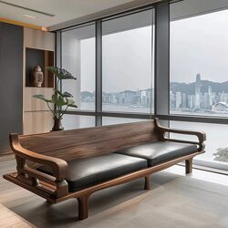 New Chinese-Style North American Black Walnut Light Luxury Solid Wood Sofa, Living Room Lounge Bed, High-End Straight-Row Fabric Sofa for Home Use