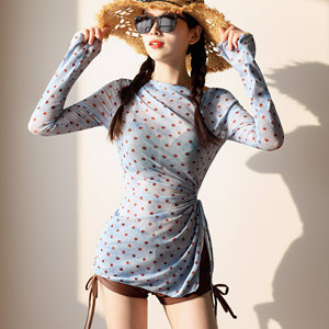 
Bikini three piece swimsuit women's polka dot one shoulder split swimsuit women's boxer long sleeves sun protection vacation beach