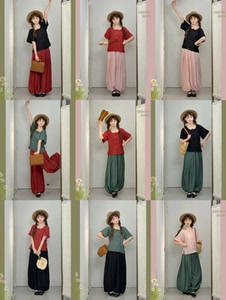 
Wu Yuxi multi-color bloomers modified elastic waist solid color pleated wide-leg pants with pockets rayon sweetheart collar blouse
