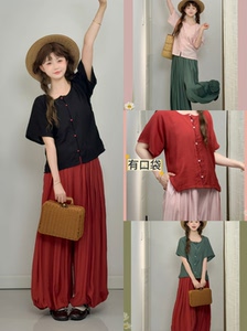 
Wu Yuxi imitates Hanfu for everyday Wei and Jin blouses sweetheart collar pleated bloomers elastic waistband pockets rayon solid color