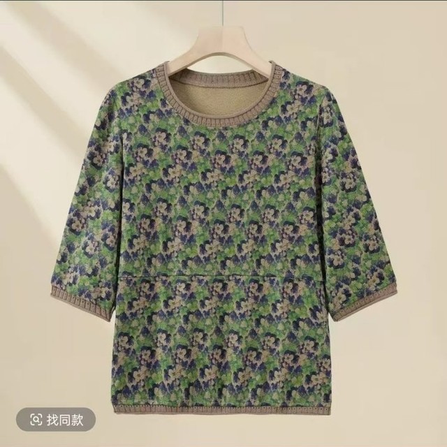 
Middle-aged and elderly five-point sleeve top pure cotton knitted T-shirt spring and summer new mother fashionable loose large-size base shirt