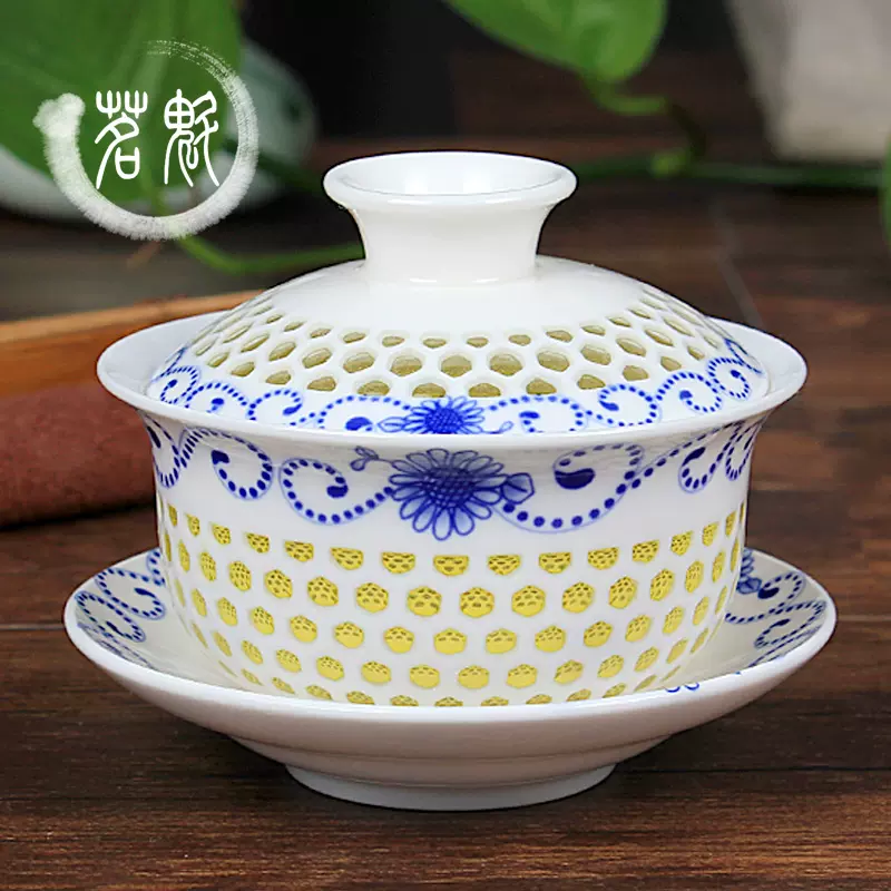 青花蓋茶碗陶製三才茶碗4 青花大號蓋碗茶碗功夫茶具三才碗