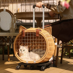 Handmade Rattan Pet Trolley Box, Panoramic Breathable Cat Nest, Airline Box, Foldable and Portable Cat Cage for Travel in the Car