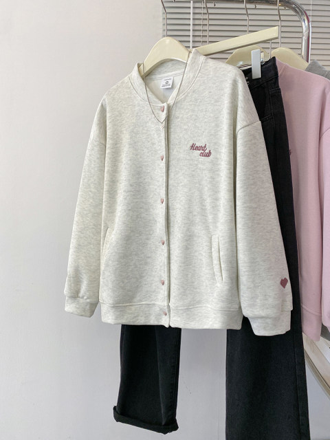 American style unique and thin sweatshirt jacket for women's spring and autumn gray heavy embroidered design baseball uniform