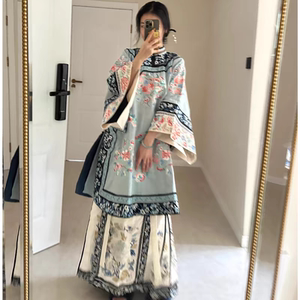 New Chinese -style clothing Late Qinghan Grandma Little Grandma Blue Dress Horse Noodle Skirt Republic of China Set Women Women's Women
